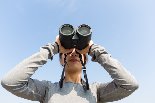 Woman Looking Through Binoculars Against Blue Sky 2026 03 24 23 13 21 Utc